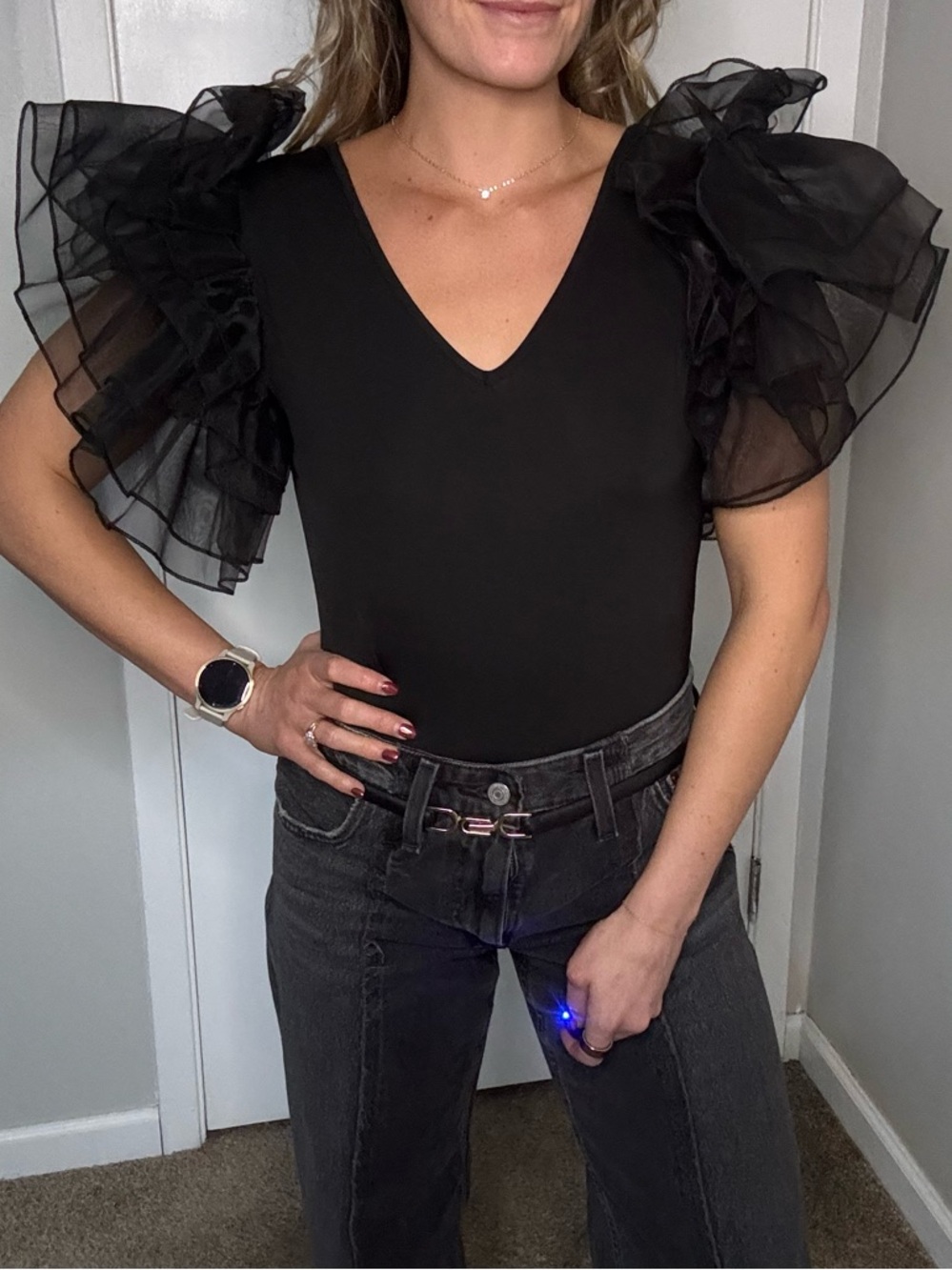 Black V-Neck Ruffle Sleeve Women's Top